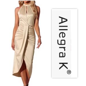 Allegra K Sleeveless Satin Summer Halter Neck Flowy Swing A-Line Party Dress